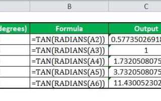 Как посчитать тангенс угла в excel