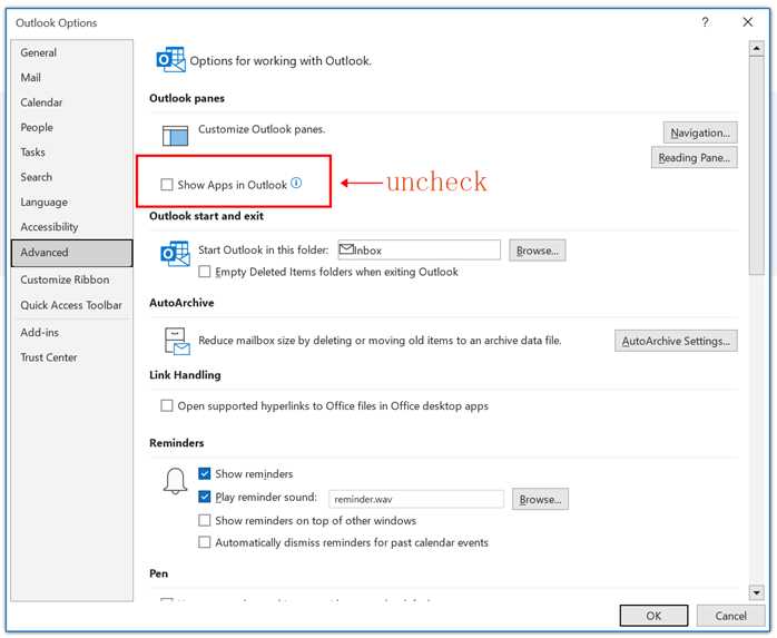 Проверка текущих настроек интерфейса Outlook