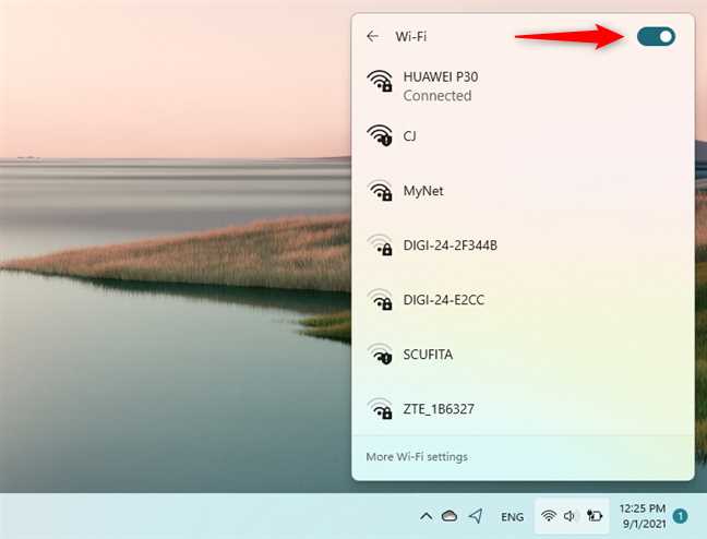 Включение WiFi через панель задач