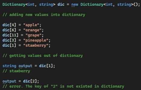 Как реализовать добавление и поиск значений по ключу в Dictionary