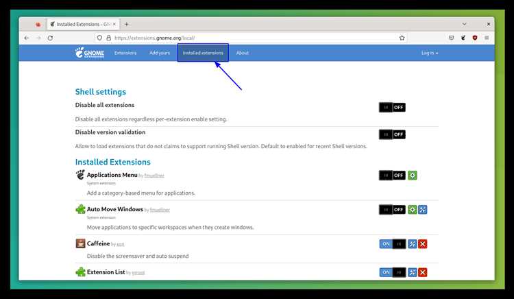 Управление установленными расширениями через GNOME Extensions