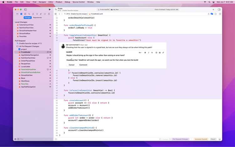 Отмена изменений через меню Edit в интерфейсе Xcode