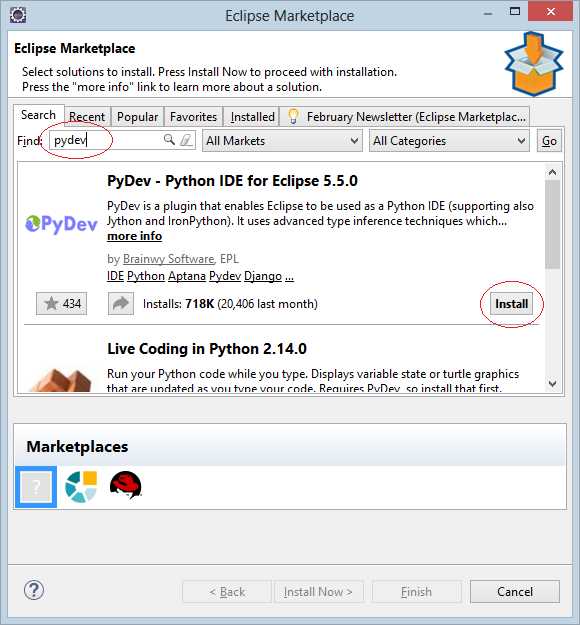 Установка плагина PyDev через Eclipse Marketplace