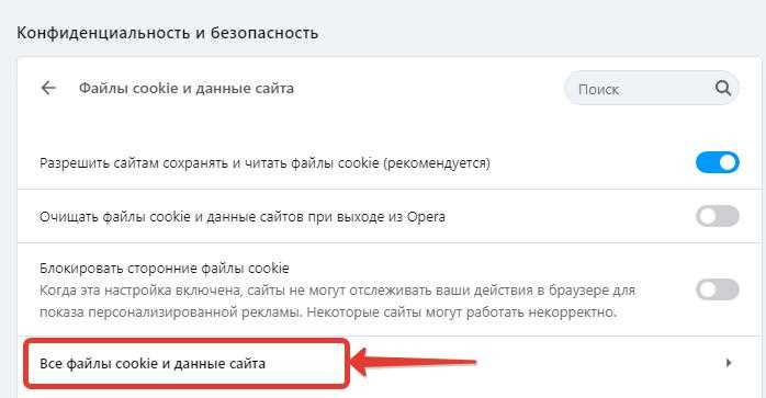 Переход к списку cookie через настройки конфиденциальности браузера